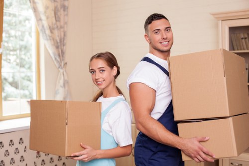 Packed business equipment ready for transport during a Camden move